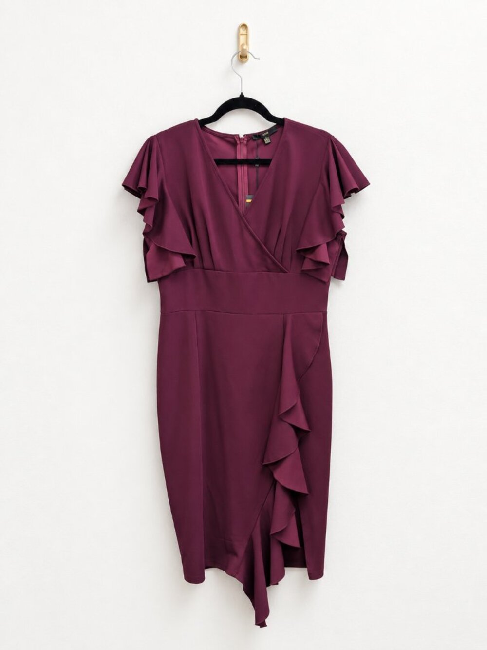 Knitee Wine Red Wrap V-Neck Ruffle Sleeves Ruffle Side Slit Midi Dress
